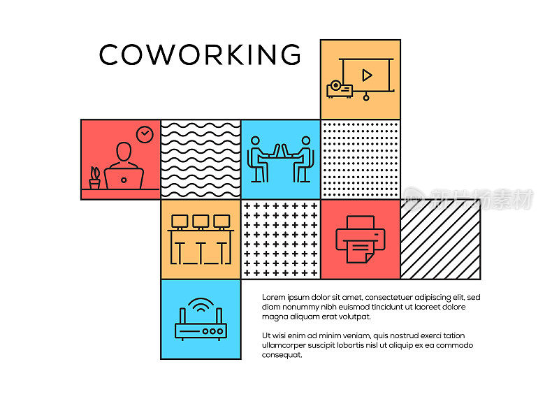Coworking Space Related Memphis Style Design with Line Icons. Simple Outline Symbol.